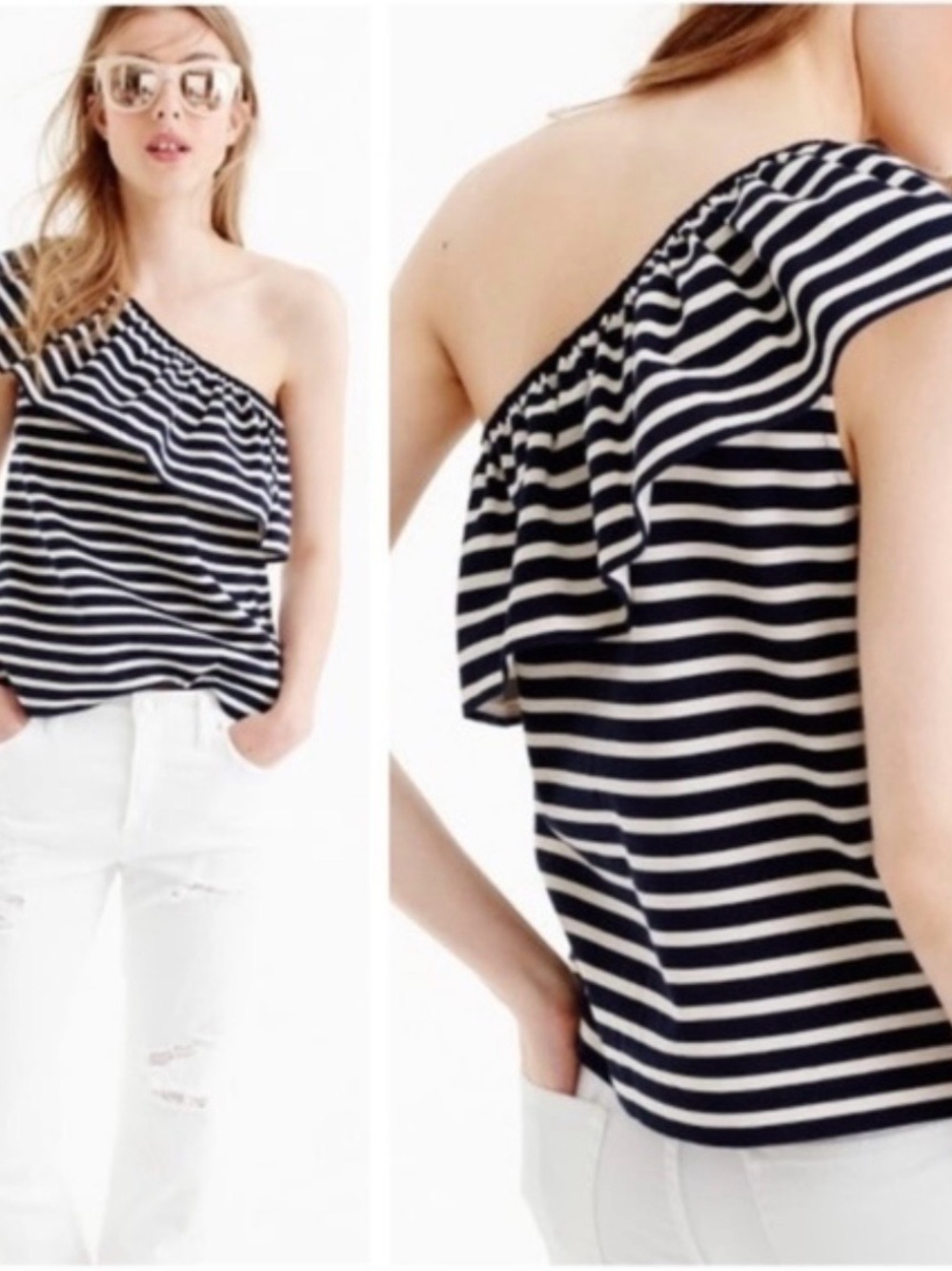 J. Crew Striped One-Shoulder Ruffle Top in Navy and White Sz/S